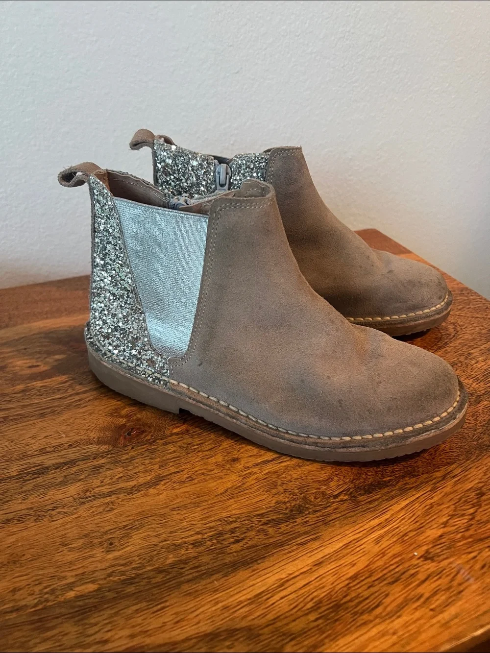 Taupe Suede Kids Chelsea Boots with Silver Glitter Heel